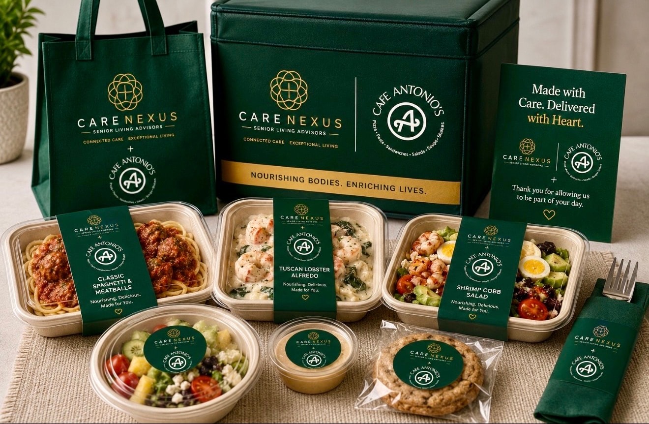 Care Nexus × Café Antonio's branded meal kit packaging