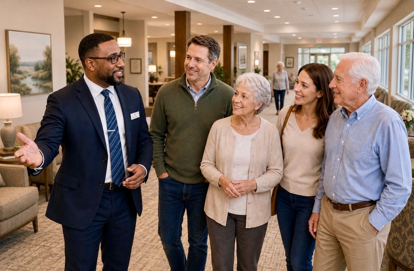 Care Nexus advisor touring a senior living community with a family